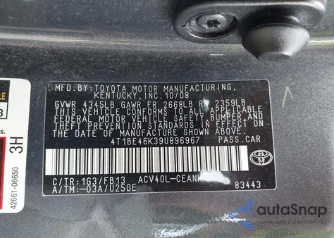 2009 Toyota Camry Le/Se/Xle из США, поврежденный, VIN 4T1BE46K39U896967